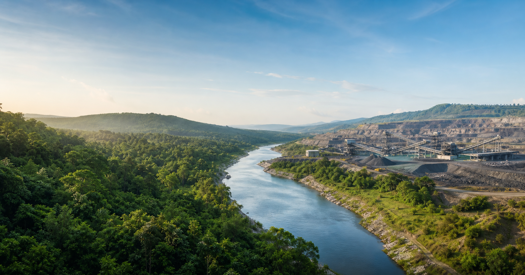 Green mining landscape with forest, river and mine